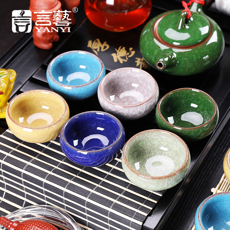 言艺(yanyi) 陶瓷功夫茶具套装 实木茶盘.冰裂釉茶具配黑色厚德载物