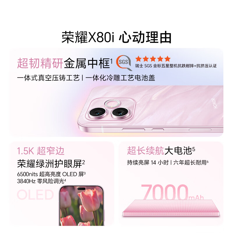 荣耀X80i 5G AI手机 超韧精研金属中框 1.5K荣耀绿洲护眼屏 7000mAh耐用大电池 12GB+256GB青柠绿高清大图