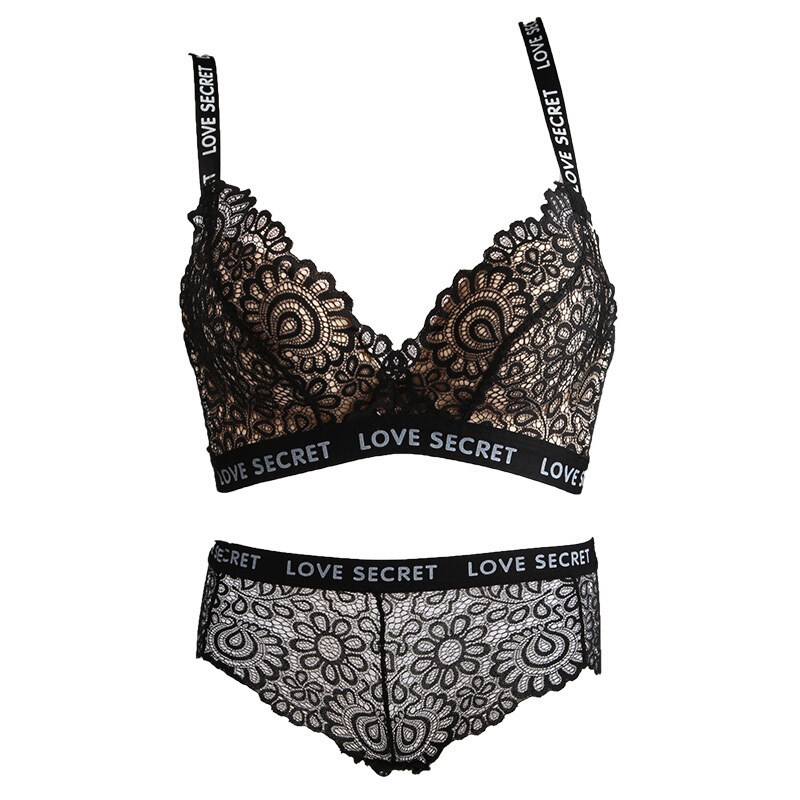 字母肩带少女内衣聚拢套装无钢圈收副乳防下垂上托黑色蕾丝文胸罩