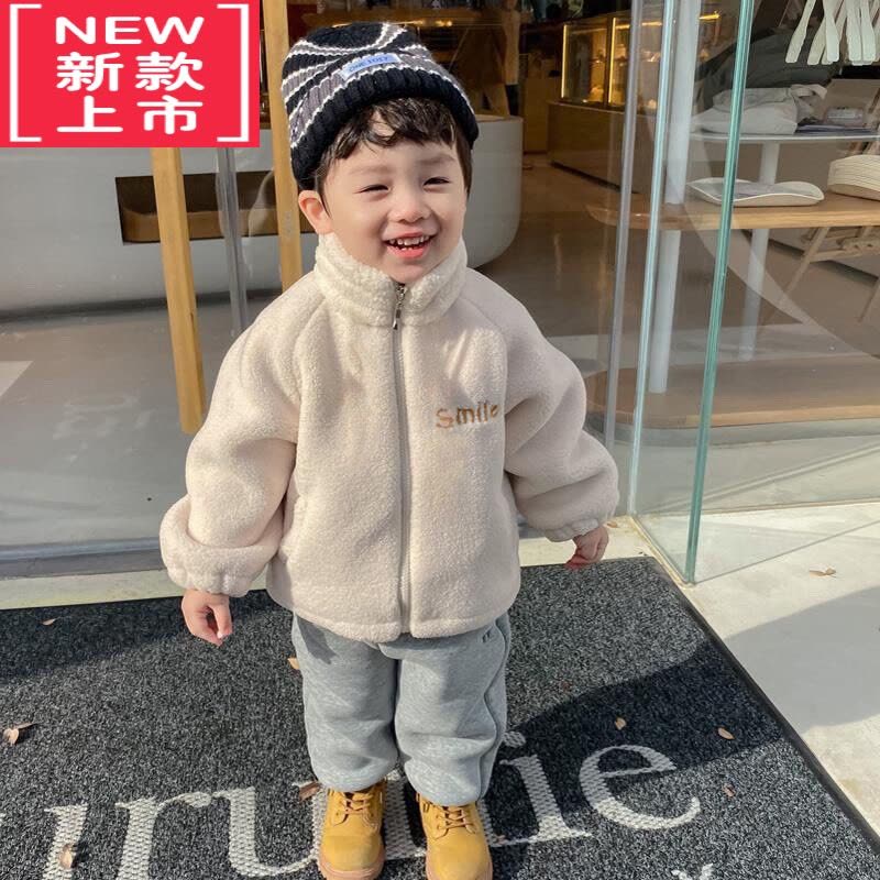 可莉允MoneeGtyel男童棉服加绒外套冬装新款洋气男宝宝笑脸羊羔毛套装图片