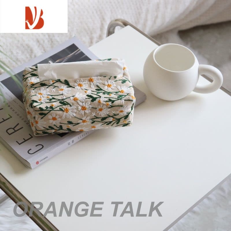 三维工匠小雏菊纸巾盒田园风茶几台式抽纸盒北欧布艺黑色蓝色长方形收纳盒 浅灰色底布白色小雏菊图片