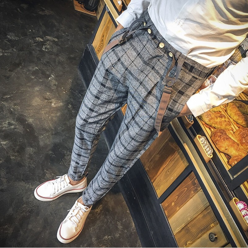18季男士背带裤条纹休闲裤型师背带裤男生长裤潮男格裤报价_参数_图片