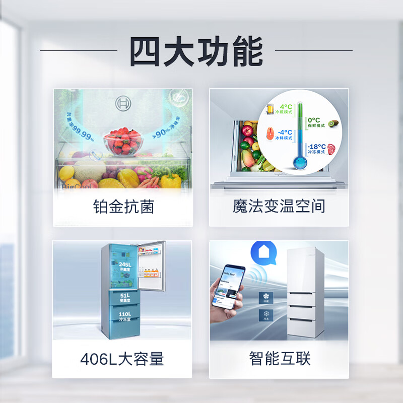博世(BOSCH)KGF42VA20C 冰箱 M6四开门多门406L大容量家用变频电冰箱 超薄嵌入式 铂金抗菌 风冷无霜高清大图