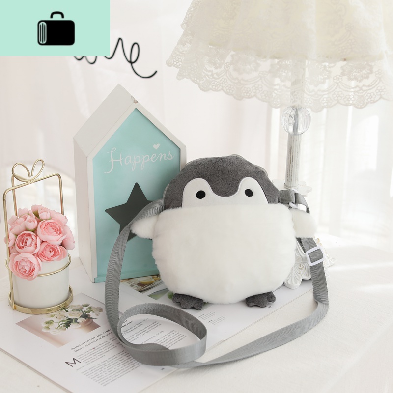 少女心可爱卡通企鹅毛绒斜挎包学生单肩背包小挎包手机包零钱包NEWLAKE 灰色企鹅斜挎包