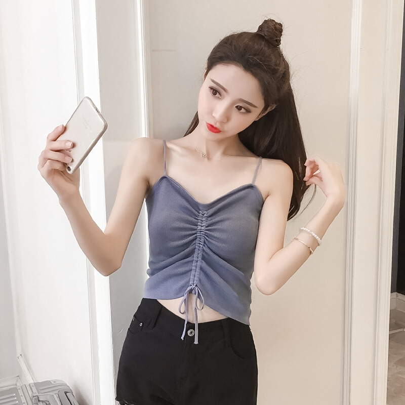 夏季新款无袖性感抽绳打底复古chic港味上衣外穿针织小带背心女 黑色 均码