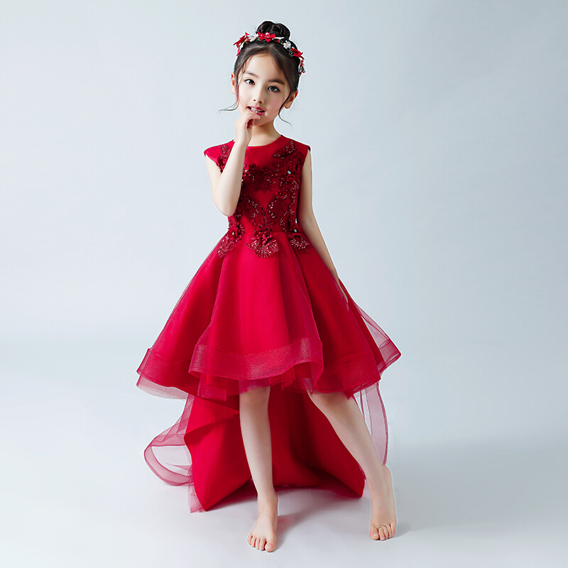 儿童礼服公主裙蓬蓬纱女童红色走秀晚礼服拖尾小主持人钢琴演出服