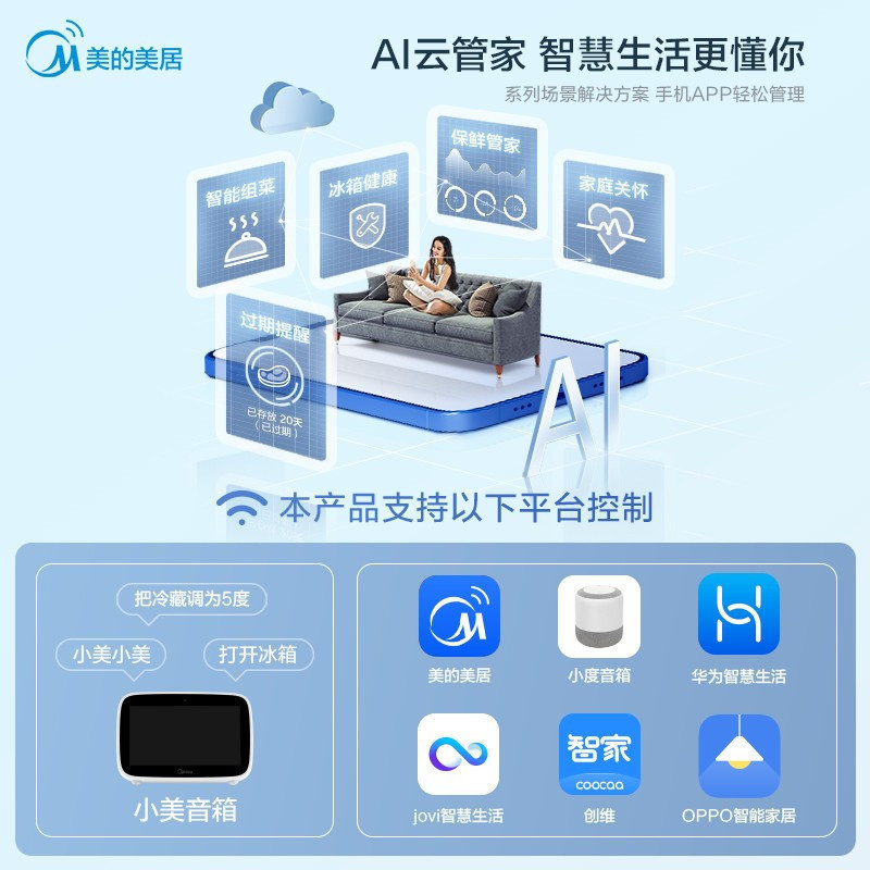 美的(midea)230升三门冰箱节能低噪变频风冷无霜双循环一级能效铂金净味手机智能操控BCD-230WTPZM(E)