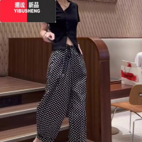 YIBUSHENG波点休闲裤女2024年新款季薄款大码胖mm高腰显瘦抽绳九分哈伦E L推荐100-115斤 黑色