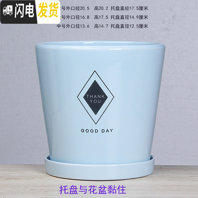 三维工匠白色欧式花盆陶瓷特大中三号绿植盆栽创意简约花盆带托盘清仓 T-GJ300-13蓝菱形 中等_148