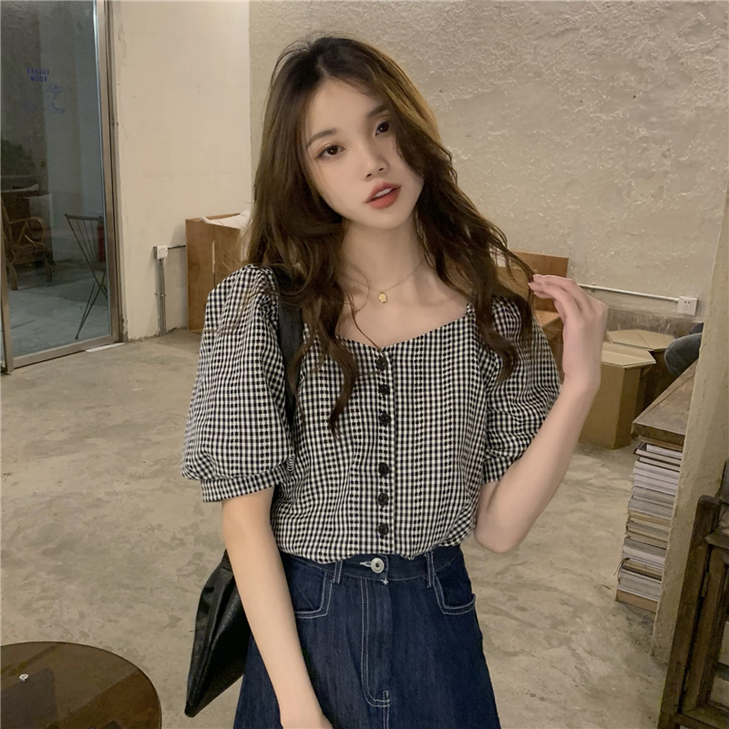 百搭甜美宽松泡泡袖上衣韩版复古方领格子撞色衬衫