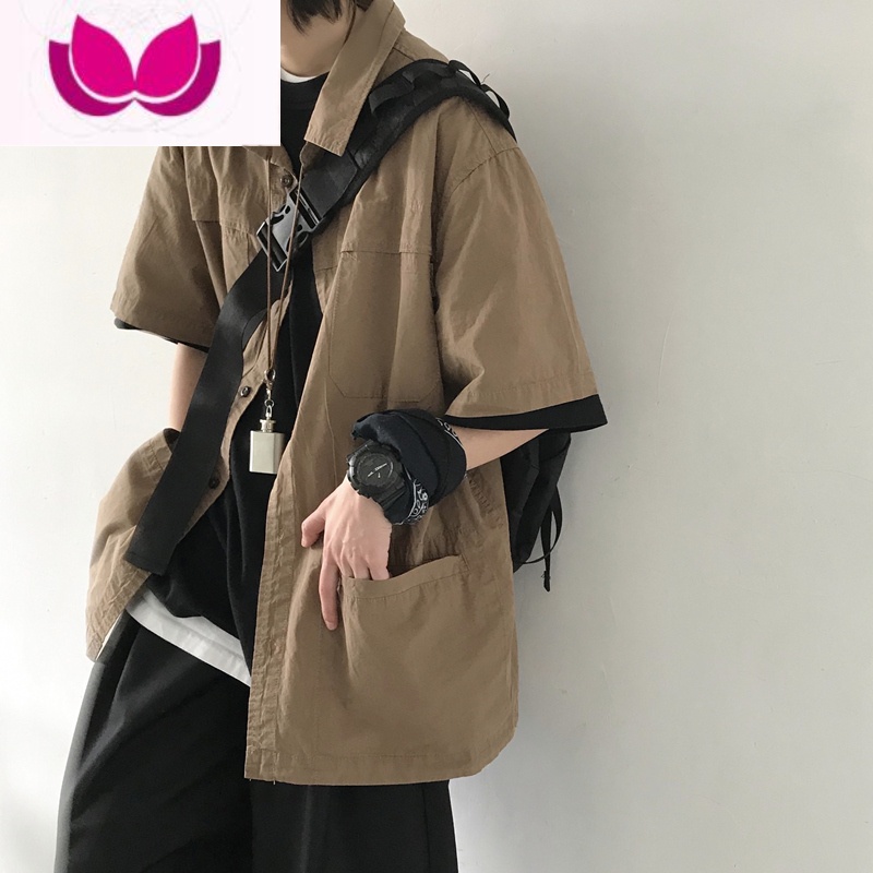 七斓日系复古工装衬衫男短袖潮牌ins港风痞帅宽松多口袋半袖衬衣外套
