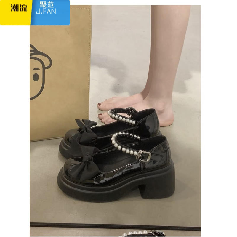 聚范白色法式玛丽珍小皮鞋女厚底中跟增高蝴蝶结配裙子单鞋温柔高跟鞋 黑色升级版 收藏加购物车赠运费险提醒用