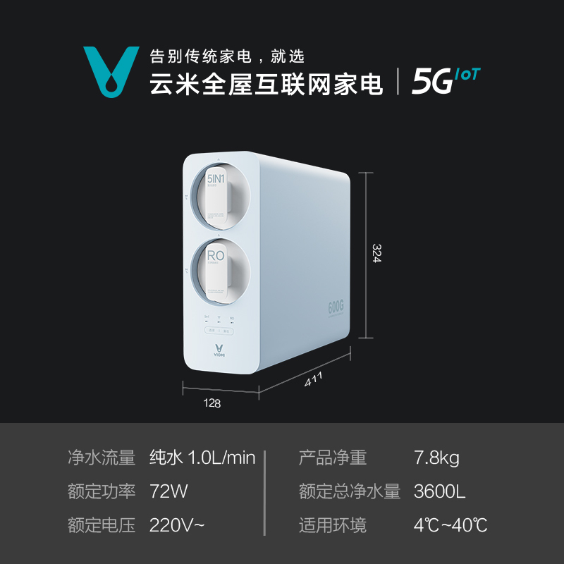 云米小蓝调600G母婴净水器家用厨下直饮前置厨房自来水RO反渗透6级精滤过滤器小巧机身易装APP监控高清大图