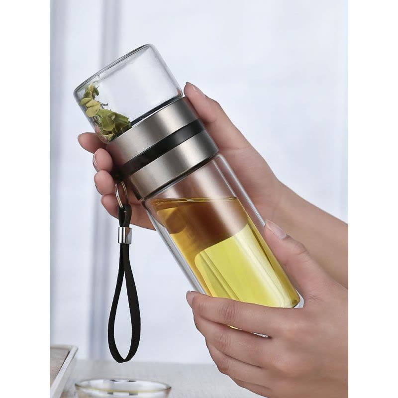 [品牌优选]茶水分离杯泡茶杯便携带过滤网杯子网红神器双层玻璃水杯男吉祥鹤 杏色450ml图片