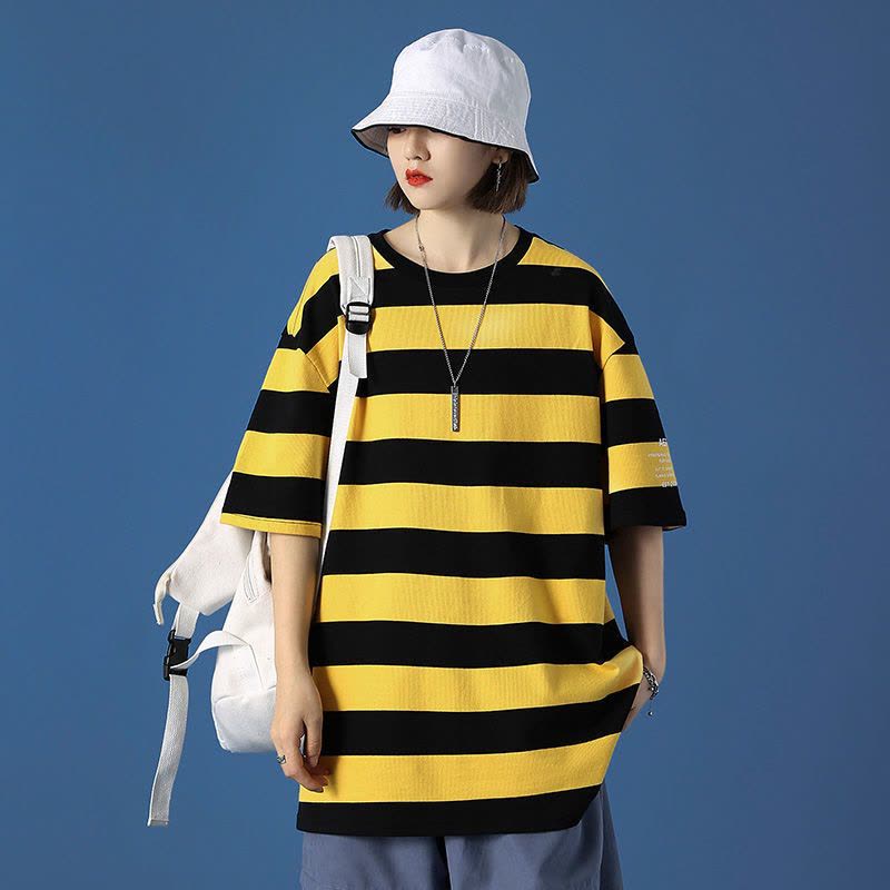 真维斯纯棉条纹短袖女2022新款港风宽松圆领上衣打底衫百搭潮流图片