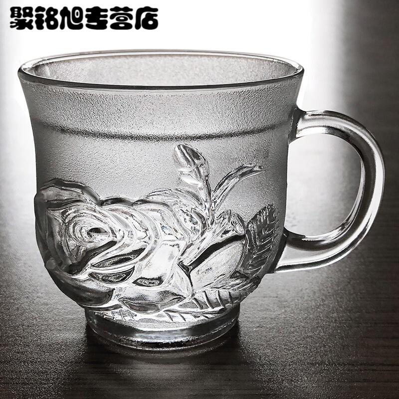 透明带把玻璃杯磨砂玫瑰花杯加厚茶水杯办公室花茶杯咖啡杯简约