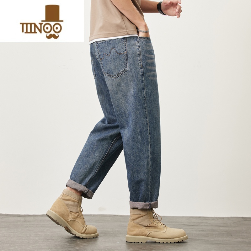 YANXU美式复古牛仔裤男士夏季薄款宽松直筒哈伦九分裤潮牌痞帅气长裤子高清大图