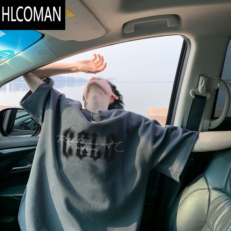 HLCOMAN美式复古黑色短袖T恤男夏季潮牌ins痞帅高街宽松半袖体恤
