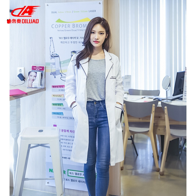 迪鲁奥DILUAO韩版白大褂半美容院纹绣师工作服长袖短袖医生服药店女护士服_4 XXL 藏蓝加边款(长袖)