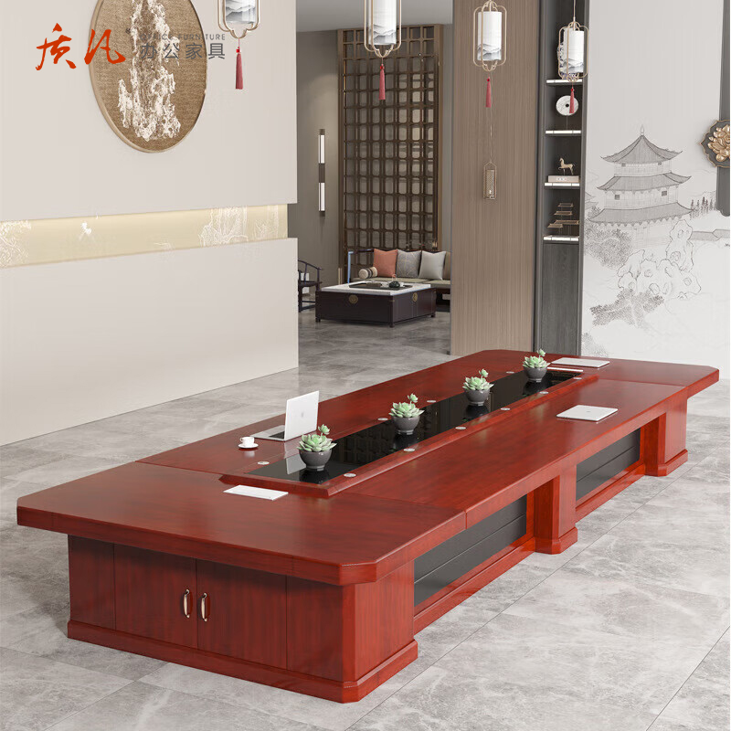 质凡 油漆会议桌4米含14把椅子 /ZF-YQZ096/4000*1800*760mm高清大图