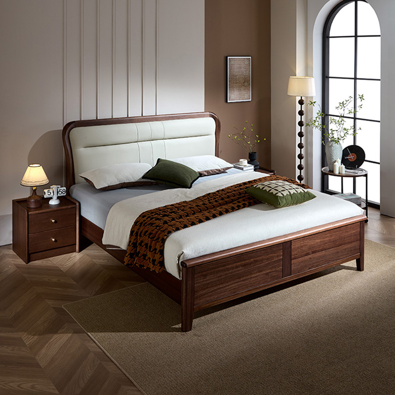 青木川 简约现代南美黑胡桃木全实木床1.8米双人床1.5米两米单人床大板直拼卧室家具带软包家用休闲成人结婚榫卯床架高清大图