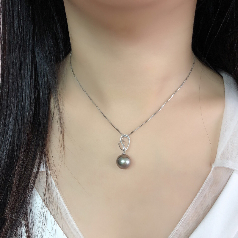 缘源珠宝 天然正圆大溪地黑珍珠吊坠 18K金镶钻石吊坠 女款 送证书 不含链