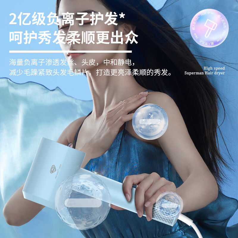 超人电吹风直筒型家用大功率负离子家用便携式负离子电吹风机带风嘴 超人HD1670蓝高清大图