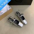 SUNTEK包头凉鞋女夏款2023韩版法式晚风气质仙女女士粗跟玛丽珍银色单鞋