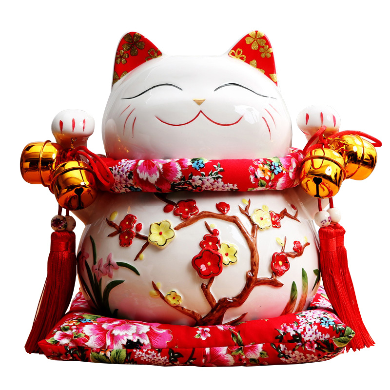 大号11寸花开富贵招财猫摆件 陶瓷存钱罐储蓄罐礼盒装 办公室家居商铺前台摆件开业礼品乔迁