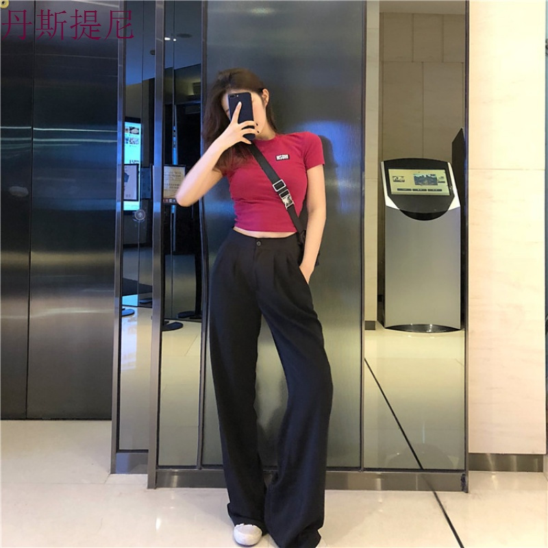 早秋韩版宽松黑色显瘦时尚拖地长裤女装夏季高腰阔腿直筒休闲裤子