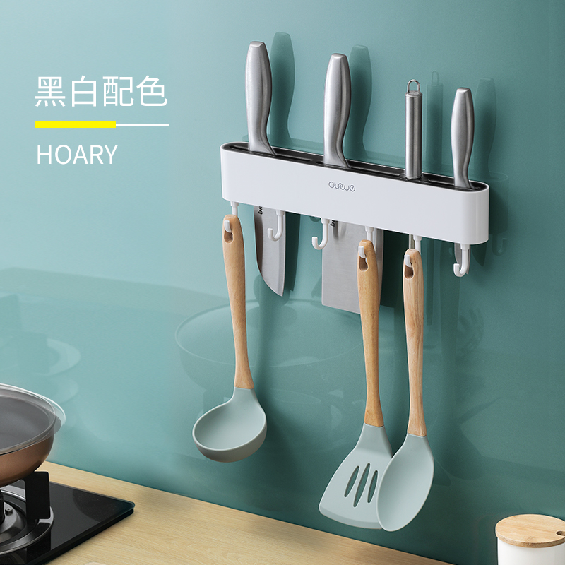 壁挂式刀架刀座多功能厨房用品免打孔菜刀架置物架家用刀具收纳架收纳层架三维工匠 黑白色(赠6个可移动挂钩)