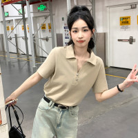 2024夏季女净色翻领短袖polo衫复古T恤百搭上衣简约气质_17350