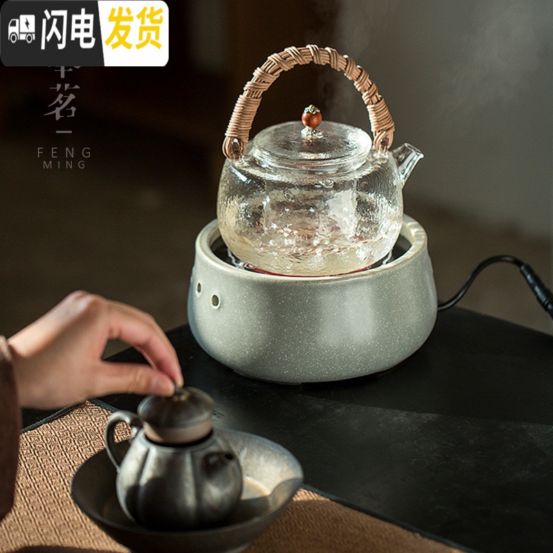 三维工匠家用陶瓷烧水壶煮茶炉玻璃藤编提梁壶电陶炉煮茶器功夫泡茶壶 雾烧--观卵电陶炉+天然藤编玻璃提梁壶(带内胆)茶具高清大图