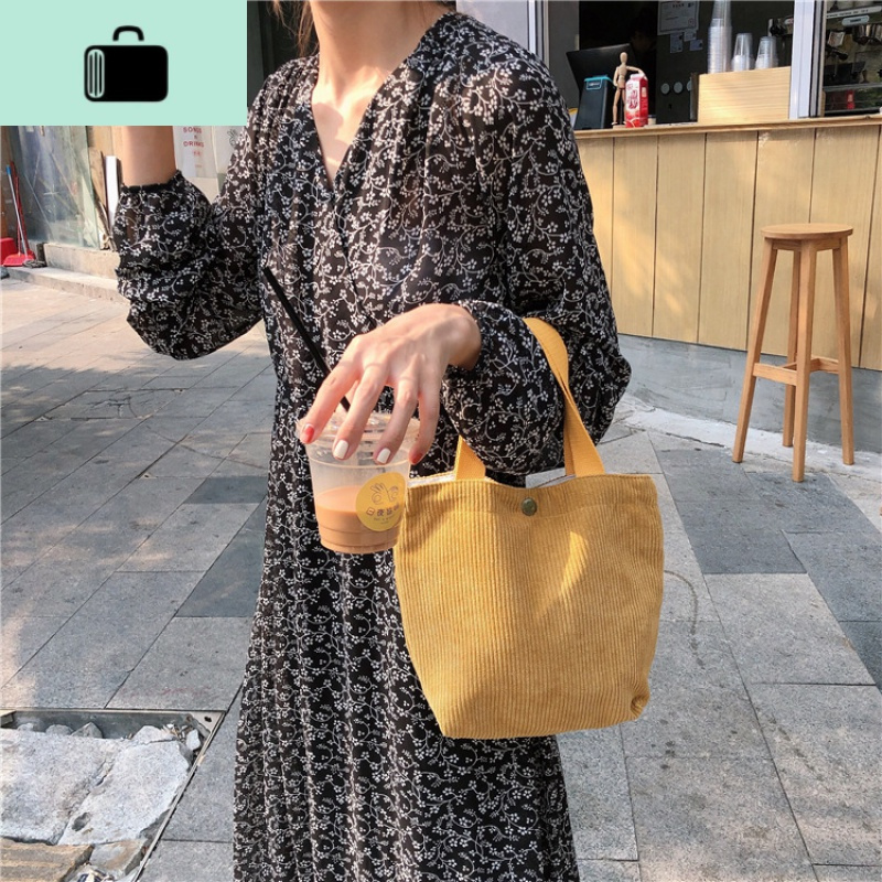 带饭手提袋子韩版灯芯绒饭盒袋便当包文艺百搭帆布袋女外出小拎包NEW LAKE女手包