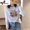 语娄东大门2023年春卡通白色长袖t恤女大码宽松上衣打底衫内搭