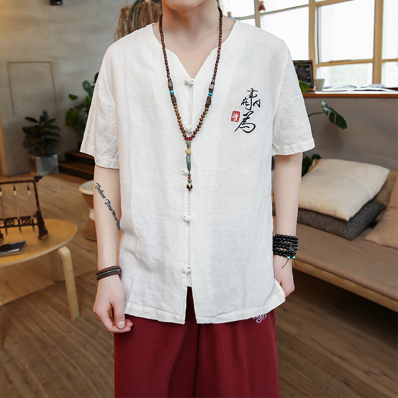 衬衫男韩版修身潮流帅气中国风短袖男士衬衣立领薄款春季休闲唐装