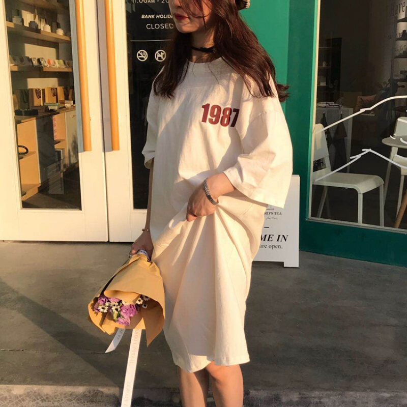 韩国2018夏季时尚印花字母宽松连衣裙女夏中长款白色均码