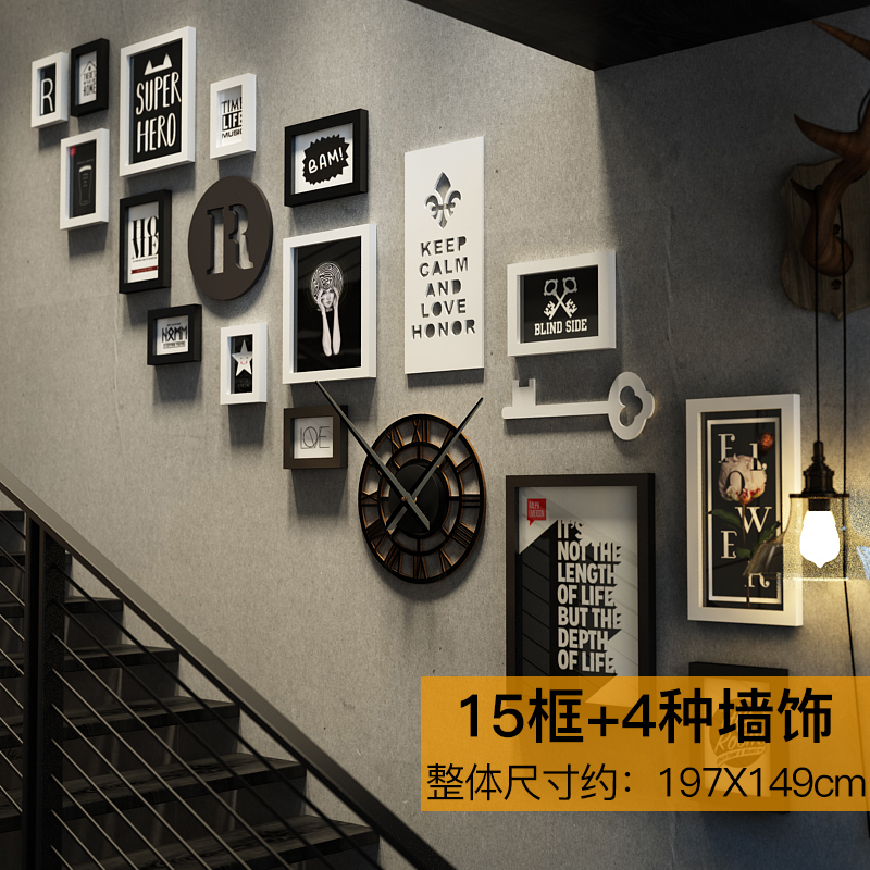 复古餐厅酒吧墙面装饰挂件楼梯工业风墙饰烧烤饭店创意个性装饰品 三维工匠 2484组合-15框+4种墙饰壁饰