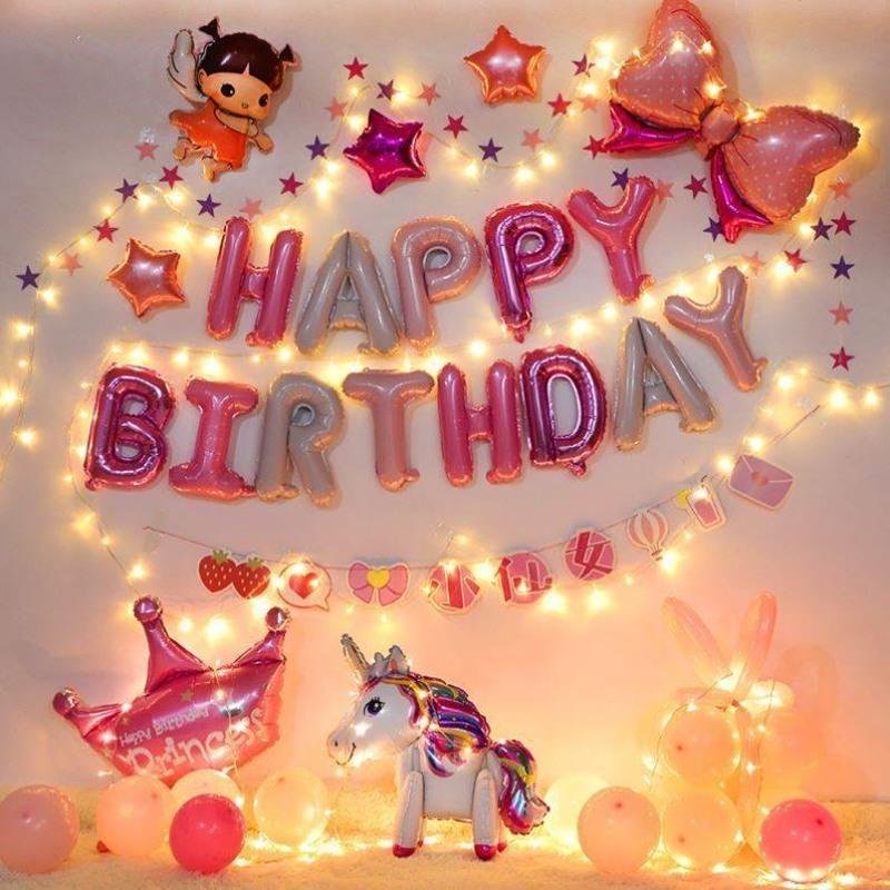 过生日气球装饰女宝场景布置女童背景墙女孩10岁派对气氛道具>800_800