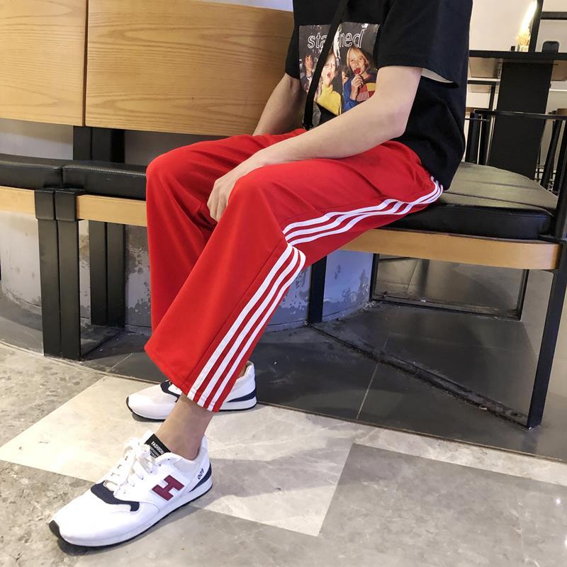 夏款阔腿卫裤休休闲裤男女长裤子红色运动裤潮人情侣裤三条扛bf风