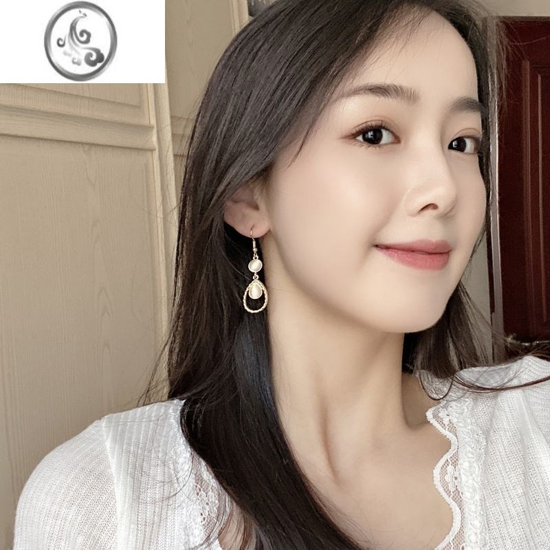 JiMi显脸瘦2022夏季猫眼石女韩国气质百搭个性长款复古耳坠无耳洞耳夹