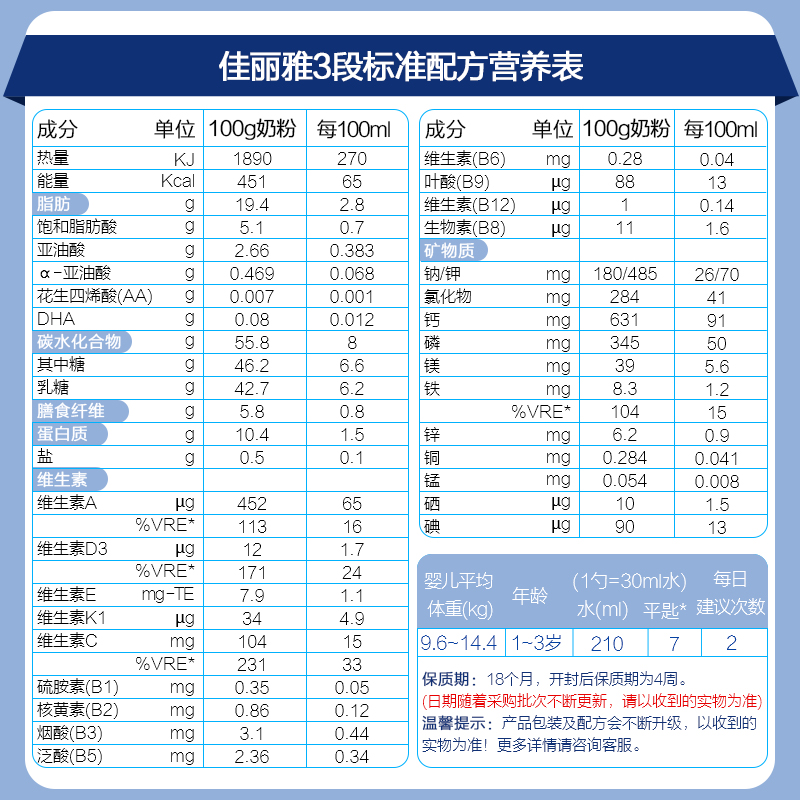 法国进口 佳丽雅Gallia 3段奶粉 成长配方奶粉12个月以上900g*6罐装