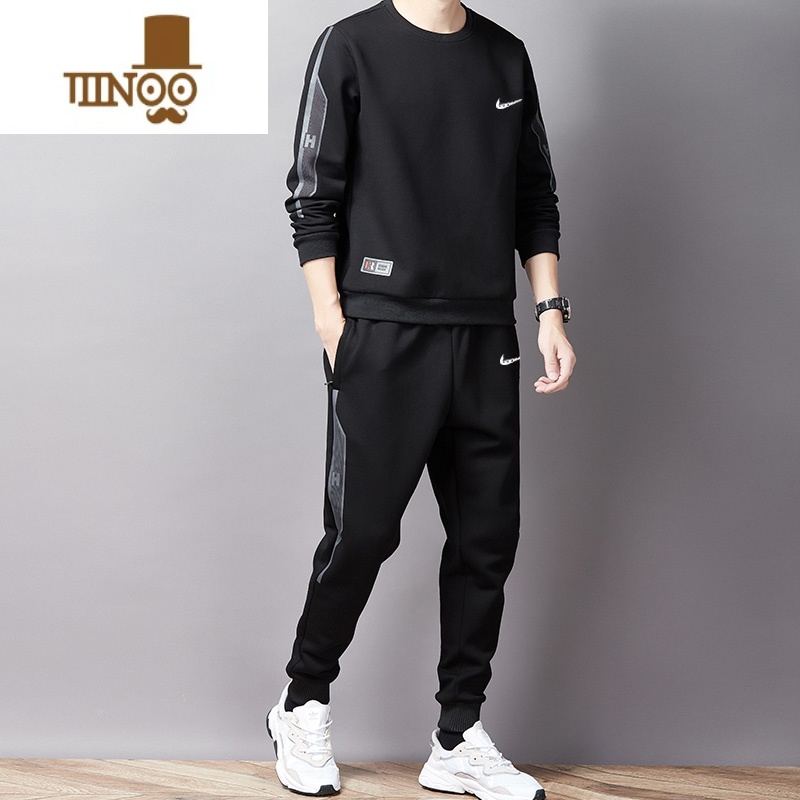 YANXU2023秋季运动套装男休闲款卫衣圆领套头宽松跑步套 黑色春秋款 L105-120斤