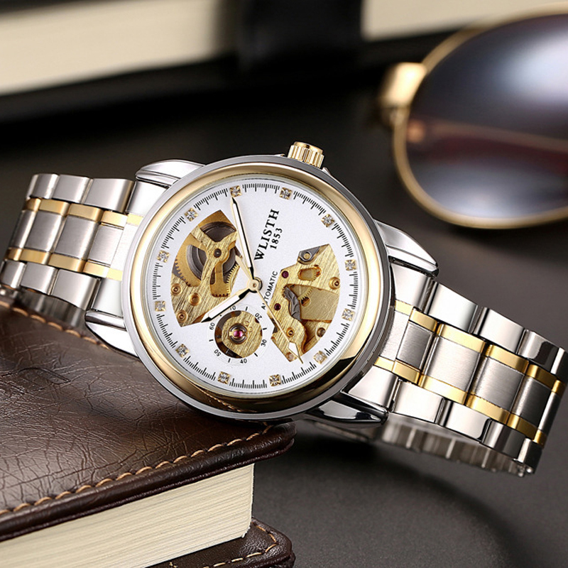 沃力仕全自动机械表双面镂空男士手表防水夜光商务皮带透底手表
