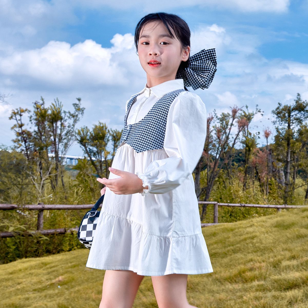 【假两件衬衫裙】秋季新款女童长袖连衣裙撞色格子百搭连衣裙 130 米白