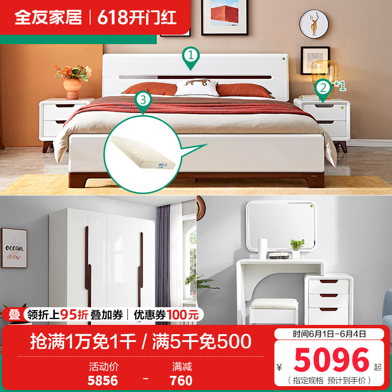 全友家居 现代简约卧室家具套装 双人床衣柜梳妆台凳 1.5米床+床头柜*1+105001床垫+五门衣柜+梳妆台凳