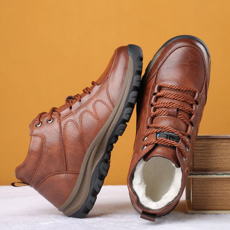 迪罗尼卡牛皮男鞋秋冬季软底皮鞋男真皮休闲鞋中高帮加绒棉鞋男登山鞋潮图片