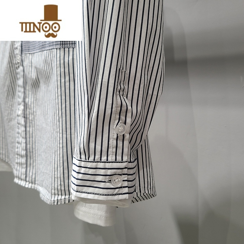 YANXU灰色条纹长袖衬衫男秋款百搭港风日系撞色拼接潮流休闲宽松衬衣高清大图