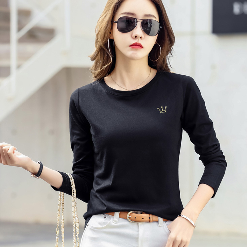 佐露丝韩国白色长袖t恤女装2021夏季新款纯色圆领全棉上衣薄款打底衫