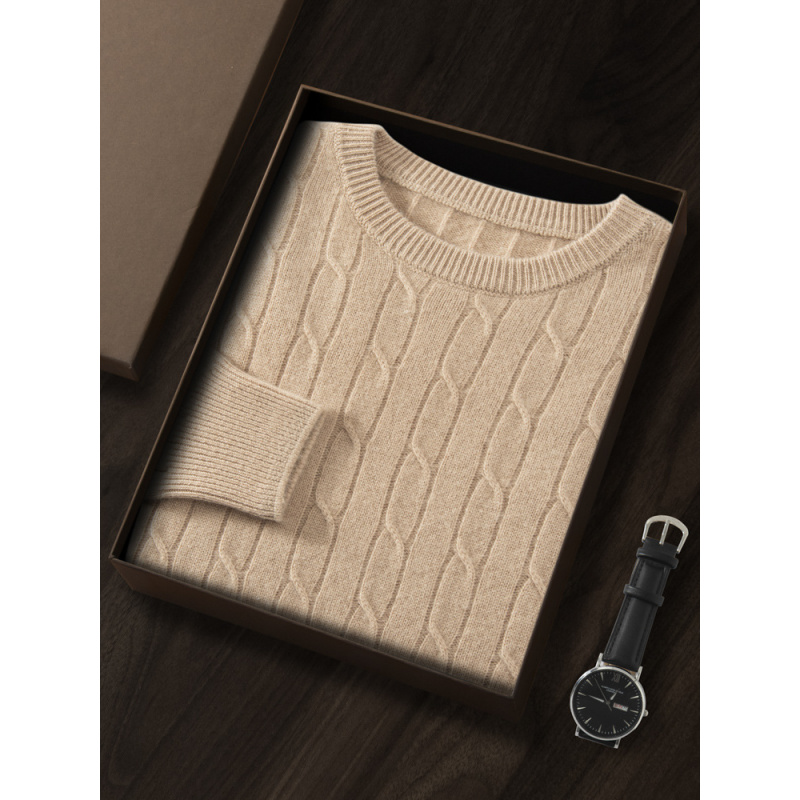 七针加厚羊绒衫男士圆领长袖套头毛衣纯色绞花商务休闲百搭针织衫